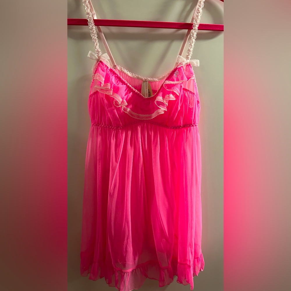 Victoria’s Secret Y2K hot pink ruffle lace babydoll slip dress with panty